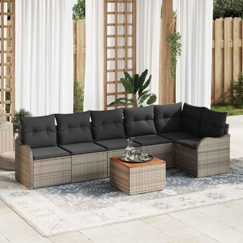 QJBSAVVA Gartenmöbel-Set 7-teilig Grau Poly-Rattan, modulares Lounge-Set inkl. Gartentisch, Robustes Outdoor-Küchensofa für Balkon Terrasse und Garten