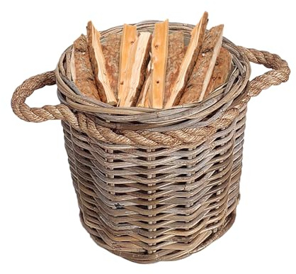 Wicker Log Basket with Rope Handles Hand Woven Kindling Basket (Small)