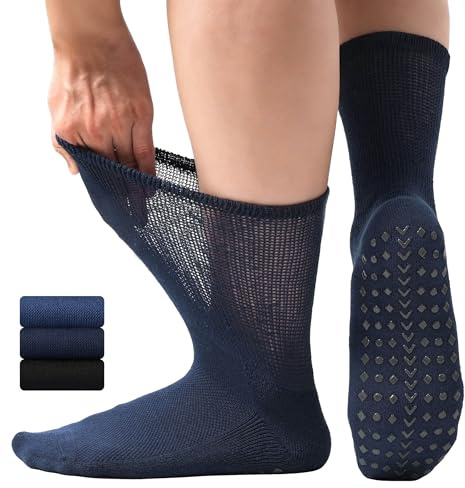 Caldodo Bamboo Diabetic Grip Socks for Men, Seamless Loose Soft Top Socks | 3 Pairs Non Slip Socks for Men, Extra Wide Hospital Socks for Swollen Feet Ankles Legs, 9-12 12-14