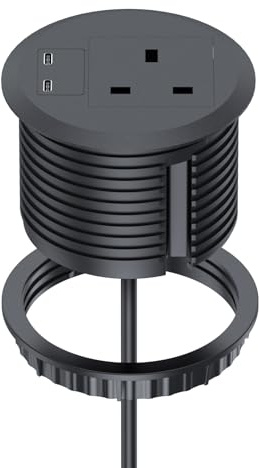 Desk Power Grommet, Haylink Recessed Power Socket with UK Plug, 2 USB C Ports | 80mm Cutout | 2M Cable for Home & Office, Black