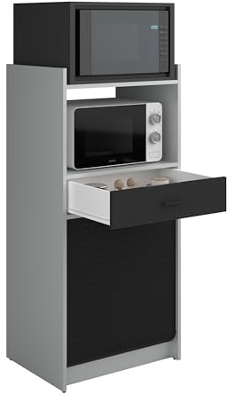 SIMMOB Meuble de Rangement de Cuisine pour Micro-Ondes et Four avec tiroir, alu/Noir, L.60 cm x HT. 127 cm x P. 45 cm