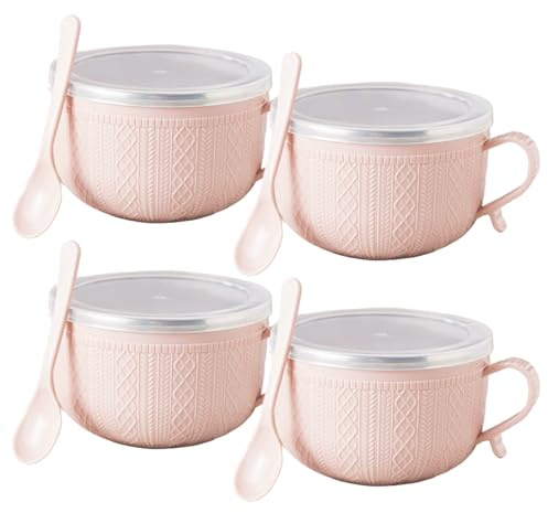 Xoeryoy 4PCS Soup Bowls with Handles and Lids 29oz Stainless Steel Meal Mugs with Spoon Engraved Microwavable Soup Container for Instant Noodle, Oatmeal, Dessert