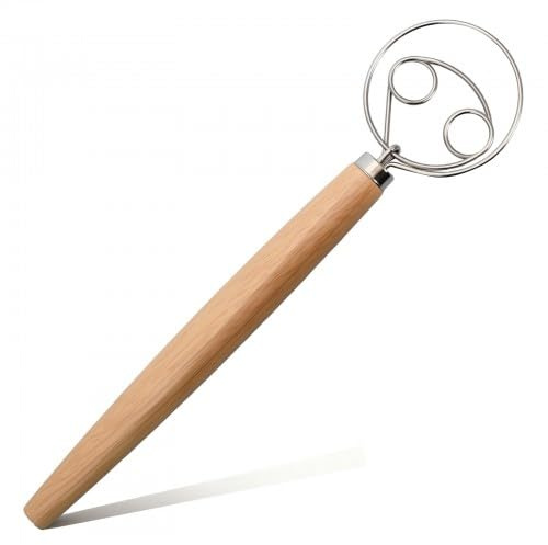 33cm Dough Whisk, Stainless Steel Double Loop Mixer with Wooden Handle, Bread Mixing Tool for Baking, Pizza, Pastry & Sauces