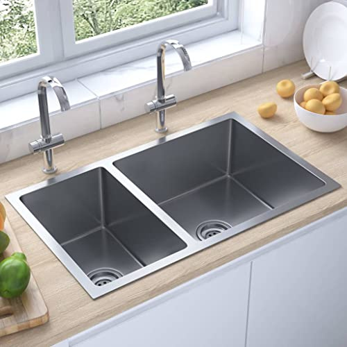 Kaloriko Fregadero de cocina de acero inoxidable con doble fregadero 71,5 x 44 cm, empotrable y bajo encimera con escurridor, incluye desagüe y colador, compatible con fregadero y lavabo para cocina