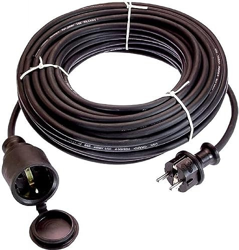 as - Schwabe Gummi-Verlängerungsleitung, 50 m H05RR-F 3G1,5 Kabel mit Schutzkontaktstecker und Schutzkontaktkupplung inkl. Schutzkappe, Verlängerungskabel 230V, 16A, IP44, Schwarz, 60365