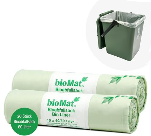 bioMat 10l kompostierbare und klimaneutrale Bioabfallbeutel mit Henkel, 52 Stk. Biomüllbeutel, DIN+ Zertifiziert, Grün