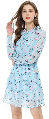 Allegra K Women's Mini Floral Tie Neck Smocked Waist Layered Chiffon Dress Light Blue 8