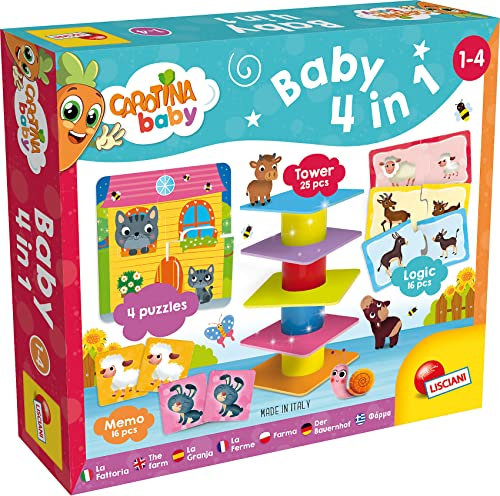 Lisciani - CAROTINA BABY - 4-in-1 Lernspielset für Kinder von 1 bis 4 Jahren: Balancier-Turm, 4 Puzzle, Memo, Logikspiele - Thema Bauernhof & Tiere - Fördert Lernen & Entwicklung - Geschenkidee