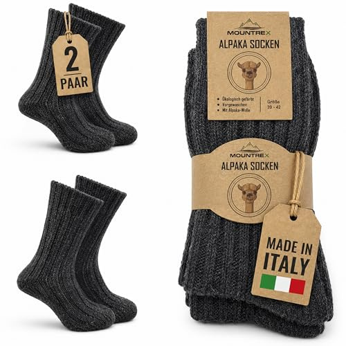 MOUNTREX Alpacka strumpor 2 par – tjocka ullstrumpor vinterstrumpor kvinnor män, antracit, 39-42 EU