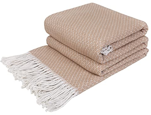 LYHome Bomullsfilt - Pläd med Fransar: Bomull Filt Perfekt för Soffa, Säng, Vardagsrum, Sovrum, för Dekoration och Som Gåva. Tät, Mysig och Tung Pläd (140 cm x 200 cm/Beige med Vitt)