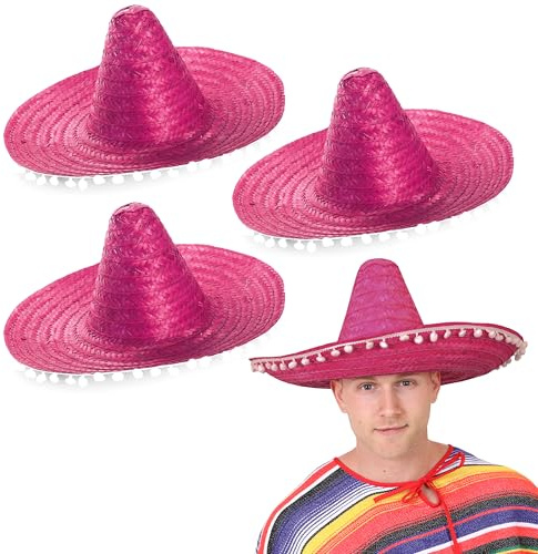 Sombrero-Hut für Erwachsene – Rosa Mexikanischer Sombrero mit weißen Pompon-Details – Herren Damen Mexikanischer Cinco de Mayo Fiesta Kostüm Zubehör (3 Stück)