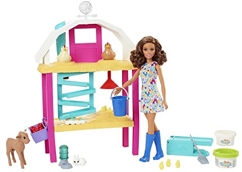 Barbie y su Granja Muñeca Profesiones Morena con Granja, Animales y Accesorios, Incluye Juego de plastilina, Juguete de Regalo +3 años (Mattel HGY88)