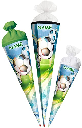alles-meine.de GmbH Schultüte - Fußball 35-100 cm Größe wählbar mit Holzspitze - Zuckertüte - inkl. Name - Zuckertüte - Tüllabschluß/Filzabschluß - eckig/rund - Junge..