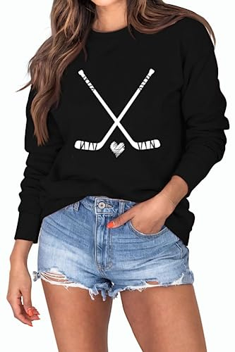 MEKOTSK Womens Hockey Sweatshirt Cute Hockey Graphic Shirts Long Sleeve Crew Neck Fall Pullover Tops Hockey Lover Gifts (Black, Medium)