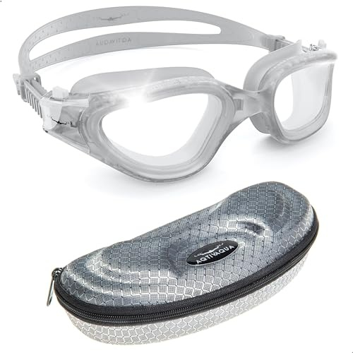 AqtivAqua simglasögon för vuxna och barn, simglasögon för barn 6-14 år, simglasögon för män och kvinnor och barn. Simglasögon för pojkar och flickor DX-C (transparent vit, silveretui, klara linser).