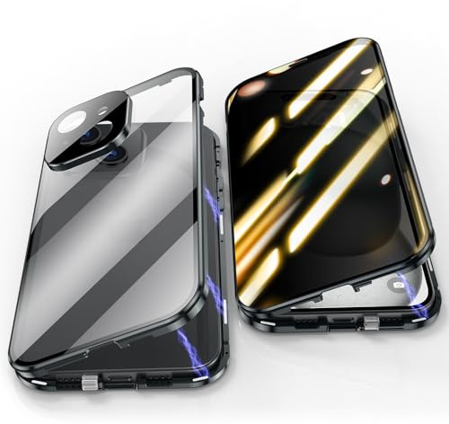 Jonwelsy Anti Peeping Hülle für iPhone 15 Plus, 360 Grad Schutz Case, Privatsphäre Gehärtetes Glas Anti-Spähen Cover, Stark Magnetische Adsorption Metallrahmen Handyhülle für iPhone 15+ (Schwarz)