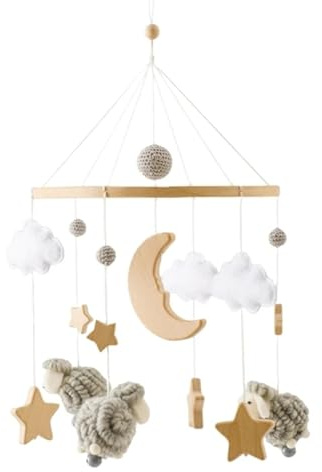 Tiere Holz Mobile Baby Stern Mond Lamm mit Filzbällen, Mobile Baby Mädchen Bettglocke Anhänger für Babybett Jungen und Mädchen (Grau)