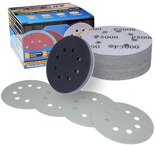 ALPXUXP 50 Pezzi Dischi Abrasivi 125mm Grana 5000,Impermeabili Carta Vetrata 8 Fori con 1 Platorello Spugna per Levigatrici Orbitali
