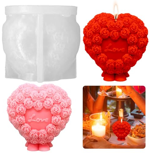 Silikonform Kerzenform Herz mit Rosen Blumen, 3D Kerzen Gießform Seifenform, Blumen Herz Silikonform für Kerzen Seife, Herzform Silikon Gießform