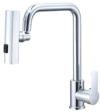 NEWRAIN Mitigeur d'évier de cuisine avec 3 fonctions Tête de pulvérisation pivotante à 360 °, poignée unique 1 trou en acier inoxydable, chrome poli