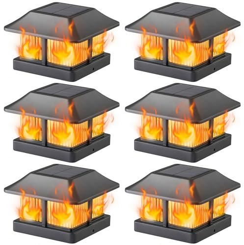 Dynaming Solar Flame Post Cap Lights Outdoor, Solar Powered Fence Post Light, Flickering Flame LED Lantern Lamps Waterproof for Garden Deck Patio, Fit 4x4, 5x5 or 6x6 Vinyl/Wooden Posts, 6 Pack