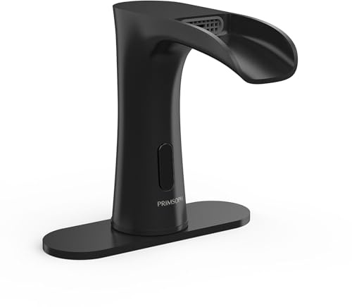 PRIMSOPH Waterfall Automatic Motion Sensor Hands Free Electronic Infrared Smart Commercial Touchless Bathroom Sink Faucet with Cover Plate Temperature Mixer Battery or Plug-in Powered Matte Black