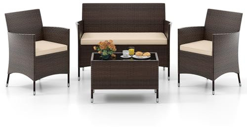 GIANTEX Gartenlounge Outdoor Möbelsets, Garten Lounge Set Rattan Gartenmöbel, Sitzgruppe 4 Personen Tisch 2 Stühle Sitzbank, mit Sitzkissen, Balkonmöbel Kleiner Balkon, Sitzgarnitur Frei kombinierbar
