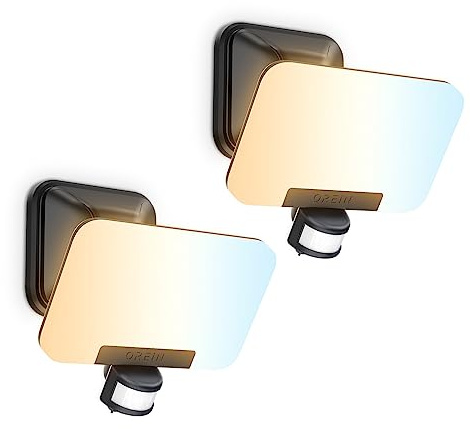 OREiN 2800LM Led Außenleuchte mit Bewegungsmelder 24W, 3 Farben& 3 Betriebsmodi (inkl. Dauerlicht) Aussenstrahler mit 122 LEDs, max.12M Reichweite, voll schwenkbar, IP65 Flutlicht Wandlampe, 2 Stück