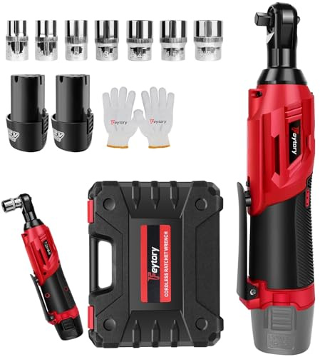 Yiyai Clé à cliquet électrique sans fil 12 V 3/8, 40 Nm, 2 batteries de 1500 mAh, 7 prises et lumière LED, clé à cliquet sans fil pour pneus, entretien de tuyauterie - Rouge