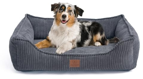 Orthopädisches Premium Hundebett aus Cord für große und mittelgroße Hunde, extra Halteschlaufe, Wasserdichter Innenbezug, Hundesofa, Hundekissen, Bezug abnehmbar, waschbar, 100 x 70 x 17 cm, Grau