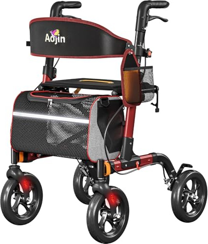 Walkers for Seniors, Rollator Walker with Seat, 350 lb Weight Capacity, 18 Big Seat, 8 All-Terrain Wheels, 6-Level Adjustable Height, Lightweight Aluminum Frame Rollator Walkers for Seniors (Red)