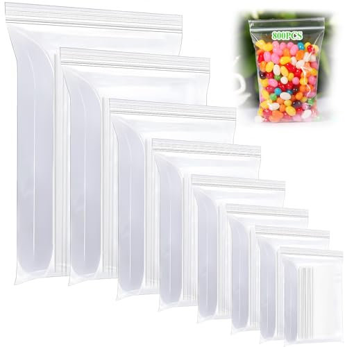 BBLTIFF 800 Pcs Bolsa Zip, 8 Tamaños Hermeticas Ziplock Bags Reutilizables, Pequeñas Bolsas Transparentes, Autocierre 100μm, para Guardar Joyas, Alimentos