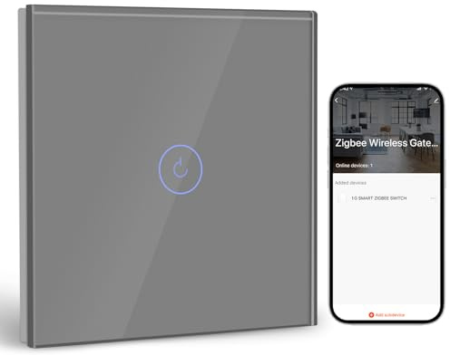 BSEED Smart ZigBee Interrupteur Encastré 1 Gang 1 Voie, Interrupteur Mural Intelligent avec Alexa et Google Home, Interrupteur à Écran Tactile (Neutre, Hub Gateway Nécessaire) Gris