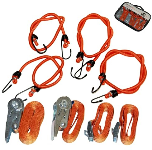 sopomarkt24 Spanngurt Set 8tlg. – Zurrgurte mit Ratsche, Expander Seile & Gepäckgurte, 2X Spanngummi, 1x Ratschengurt 3m/5m, 2X Gurt mit Stahlhaken, für Auto, Camping, LKW, Fahrrad