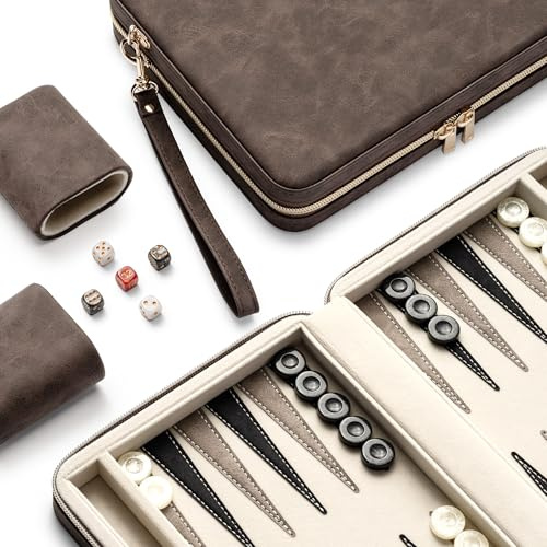 Backgammon-Sets für Erwachsene, klassisches Brettspiel mit faltbarem Kunstleder Backgammonetui, tragbares Reise-Backgammon-Set, inklusive 30 künstlichen Horn-Checkern (Brown)