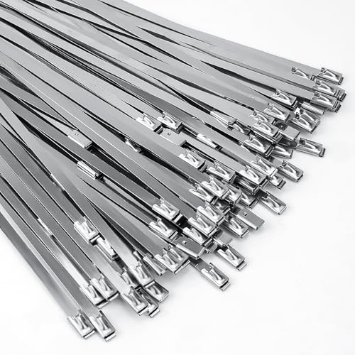 100 Stück Edelstahl Kabelbinder, 300 x 4,6 mm Selbstsichernde Kabelbinder Metall mit 125kg Zugfestigkeit, Metallkabelbinder für Auspuffaufwicklung, Kabelbündelung, Gartenpflege
