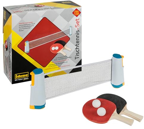 Idena 90957 - Set da ping pong con rete, due racchette e due palline, facile da montare su tavoli, perfetto per viaggi, vacanze o giardino