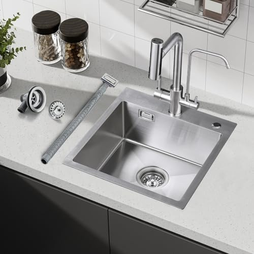 ROVOGO Küchenspüle 48x50cm Edelstahl 304 Gebürstet, Spülbecken Küche mit Ablaufgarnitur, Überlauf-Set, Armaturloch, Seifenspenderloch, Einbauspüle 1 Becken, Einbau Spüle Klein Edelstahlspüle für Küche