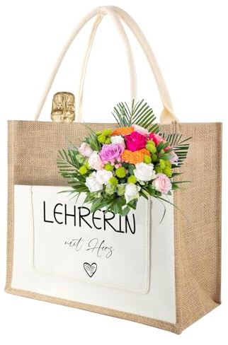OURISE Abschiedsgeschenk für Lehrer Frauen, Geschenk für Lehrerin, Jutetasche Lehrerin mit Herz, Jute Shopper Bag als Dankesgeschen, Jute Einkaufstasche Abschied
