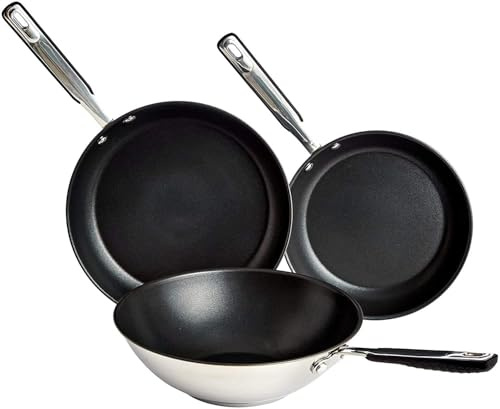 Amazon Basics Non-Stick Frying Pan and Wok Set, Ceramic Stainless Steel Cookware, 24cm and 28cm Pans with 28cm Wok, Induction and Oven-Safe, 3-Piece