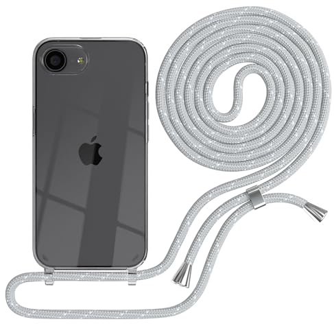 EAZY CASE Handykette kompatibel mit iPhone 16e Handyhülle mit Umhängeband, Handykordel mit Schutzhülle, Silikonhülle, Hülle mit Band, Stylische Kette für Smartphones, Grau/Weiß - Clips Silber