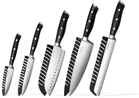 nuovva Sharp Kitchen Knife Set – 5pcs High Carbon Stainless Steel Set – Chefs, Bread, Santoku, Paring & Utility Knives – Durable Kitchen Knife Collection