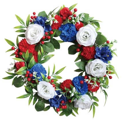 Fleur Sechees Decoration Couronne Patriotique décorative de 43 cm, Hortensia, Couronne du 4 Juillet, pour Porte d'entrée, Rouge, Blanc, Bleu, Printemps, pour Le Jour de Fleurs (Blue, 40cm)