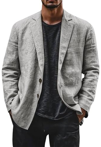 Blazer en lin pour homme - Veste de costume de loisirs légère à deux boutons - Coupe ample - Blazer de bureau - Couleur unie - Polyvalente - Veste de costume à revers cranté - Vestes avec poche