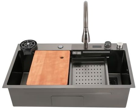 Lavandino da cucina in acciaio inox con rubinetto digitale estraibile e tagliere Lavabo da lavoro multifunzionale, lavabo da incasso per lavanderia e cucina, 80 × 46 × 20 cm