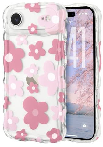 Micoden for iPhone 17 Air Case Clear with Flower Floral Anti-Yellowing | Cute Curly Wave Frame,Soft TPU Slim Bumper,Shockproof Anti-Scratch Protective Wavy Cover for Girls Women-Pink
