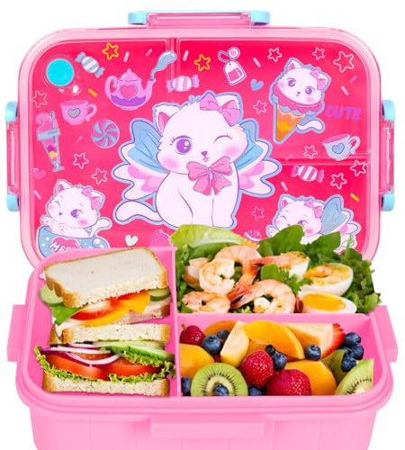 PinkSheep Bento Lunch Boxes for Kids, 1200 ml BPA-Free Leak-Proof Children Food Containers with 3 Compartments for Boys Girls (Cat)