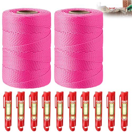 Gulfmew 2 Pack #18 500 ft Mason Line String & 10 Pack Built-in Levels, String Level Line Kit for DIY, Gardening Work, Construction Twine Outdoor Projects Layout Brick Working(Fluorescent Pink)