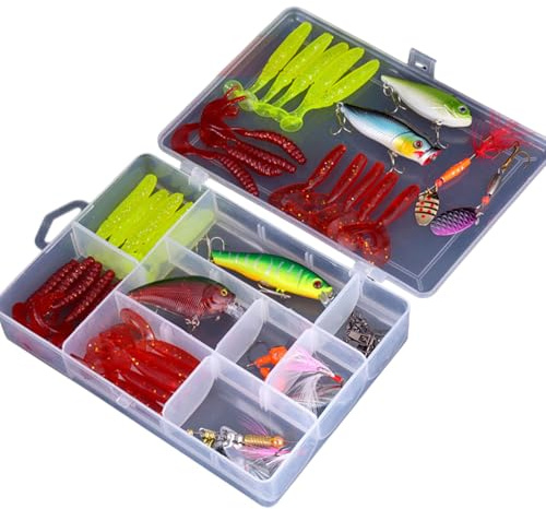 CHIZISX Professionelles 51-teiliges Köderbox-Set aus Karbonstahl, Haken und Köder für Lachs, Forelle, Multi-Wasserangeln, Outdoor-Angelzubehör