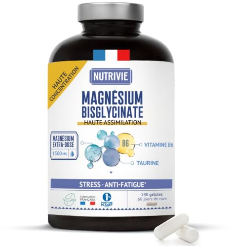 Nutrivie Magnésium Bisglycinate 1500mg + Vitamine B6, 2mois, Anti-Stress et Anti-Fatigue, 240 Gélules